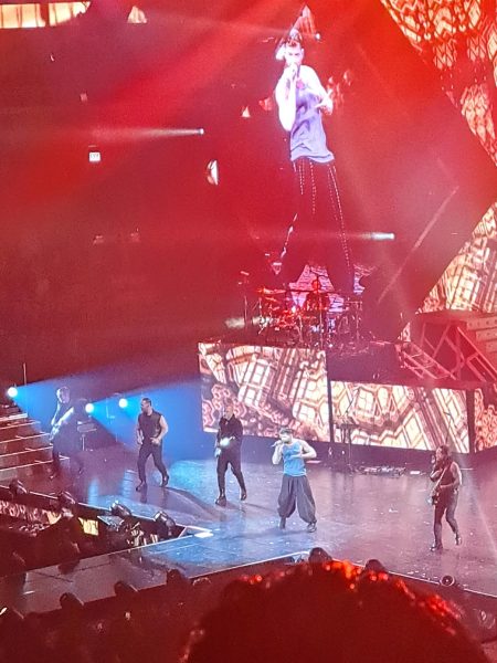 Ricky Martin at the Trilogy tour concert singing at the United Center in Chicago.