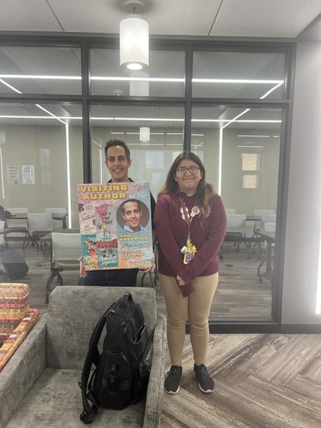 Young adult literature author and movie producer Abdi Nazemian was interviewed by senior Grace Paucar when he recently visited and spoke to Morton East students.  
