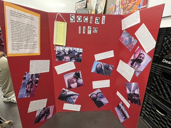 This exhibit in Easts Senior Memory Museum by Juan Campos summarized the challenges of social life during the pandemic.  