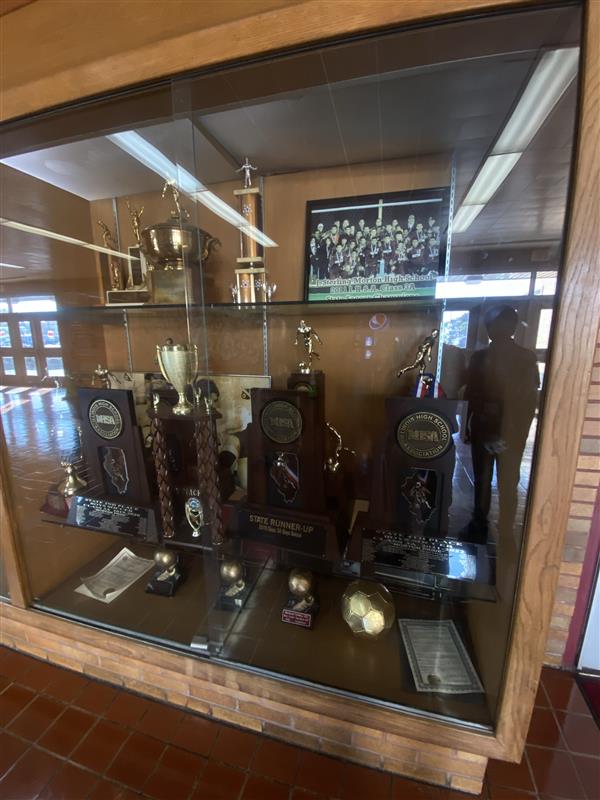 This is the Morton East's soccer trophy case outside the main gym.