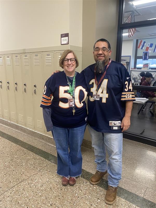 History teachers Ms. Jennie Crownson and Mr. Enrique Yanez show off their pride for The Bears.